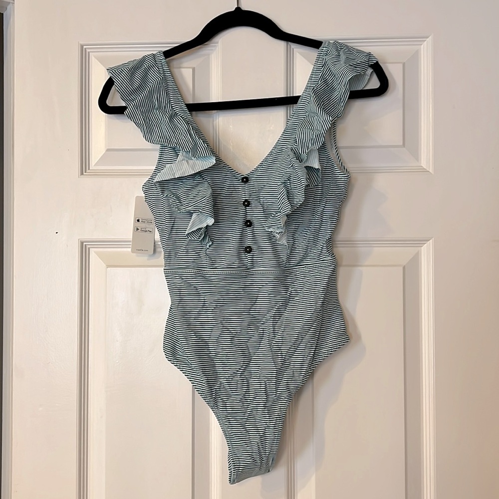NWT Cupshe Swim | Green And White Stripe Ruffle One-Piece Bathing Suit